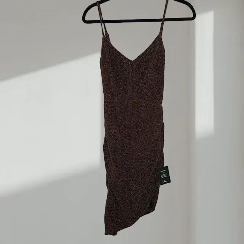 NWT Lulus Shimmer Ruched Midi Dress – Brown Metallic (Women’s XS)